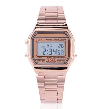 Imagem de FILFEEL Relógios para homens, relógio de pulso retangular com luz traseira de LED digital de aço inoxidável eletrônico, Ouro rosa, Digital