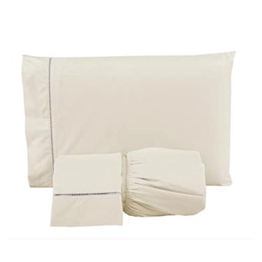 Imagem de Jogo de Lençol Cama Casal 400 Fios Ponto Palito 3 Peças Casal (King, Marfim)