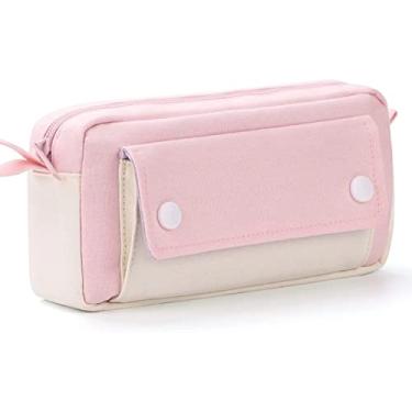 Imagem de Estojo de lápis, bolsa de lápis de grande capacidade, bolsa durável, suprimentos de diário portátil com alça fácil, bolsa simples de viagem de marcador, organizador estético de escritório escolar para meninas adultas (Rosa)