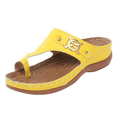 Imagem de Sandálias de plataforma femininas verão casual dedo do pé sem cadarço sandálias de flores planas moda sólida sandálias meninas, Amarelo, 8