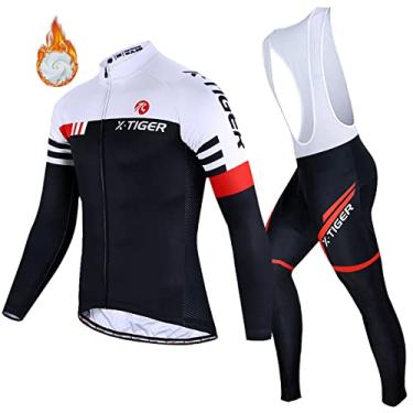 Imagem de Conjunto de camisa de ciclismo masculino X-Tiger, conjunto de manga longa para ciclismo com Bretelle acolchoados de gel 5D, conjunto de roupas de ciclismo para MTB Road Bike Vermelho (P)