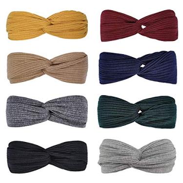 Imagem de Emoly 8 faixas de cabelo de cor lisa para mulheres, faixa de cabeça larga elástica com nó para meninas, turbante cruzado, liso, acessório de cabelo vintage, 8 cores