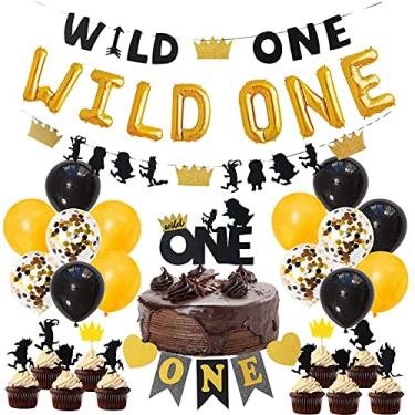 Imagem de Wild One Decorações de Aniversário para Meninos Preto e Dourado Wild One Balloons Banner Topos de Bolo, Artigos para Festa de Aniversário