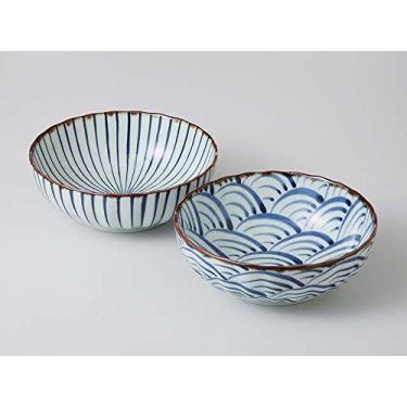 Imagem de Tigelas japonesas de 18 cm de diâmetro, ondas do oceano azul, tigelas de linhas azuis Tokusa (conjunto com 2)