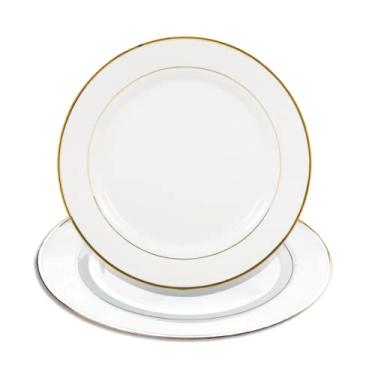Imagem de MR.R Conjunto de 2 pratos de borda de ouro de cerâmica branca com suporte, pratos de porcelana, sobremesa redonda de 20 cm ou prato de salada, sem chumbo, seguro no micro-ondas, forno e congelamento