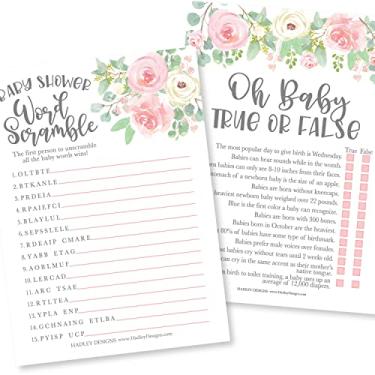 Imagem de Hadley Designs Jogos divertidos de chá de bebê para meninas – 25 cartas dupla face para 25 convidadas, 2 jogos, jogo de chá de bebê Word Scramble, verdadeiro ou falso, feito nos EUA (floral)