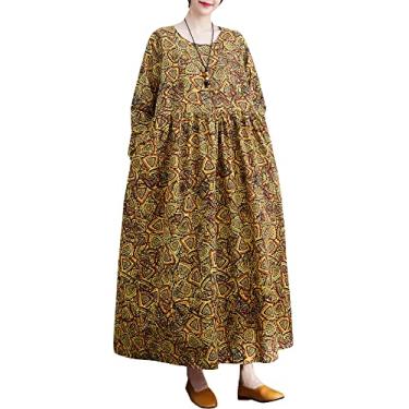 Imagem de ACAGALA Vestido feminino solto com bolsos mangas compridas estampado vintage casual vestido de férias