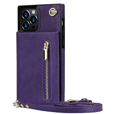 Imagem de Carteira com zíper para iPhone 13 12 Mini 14 11 X XR XS Pro Max 7 8 Plus Case com alça de cordão de cartão Capa de couro transversal, roxo, para iPhone 13 Pro