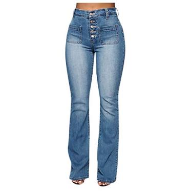 Imagem de Calça jeans feminina boca jeans flare boca de sino calça jeans feminina comprimento médio calça jeans de malha, Azul, P