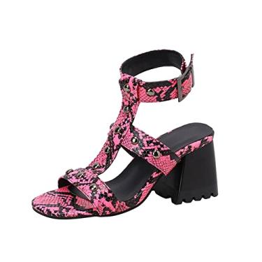 Imagem de Sandália feminina fashion couro pele de cobra bico aberto oco metal decorativo salto alto grosso fivela sapatos femininos tamanho 9 (rosa choque, 8)