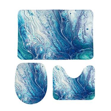 Imagem de Conjunto de tapetes de banheiro My Daily 3 peças abstrato oceano praia fundo azul antiderrapante tapete contorno + tampa de vaso sanitário + tapete de banheiro