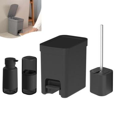 Imagem de Kit Lixeira 6L Com Pedal Porta Escova Sanitária Dente Dispenser Sabonete Banheiro Preto - Ou