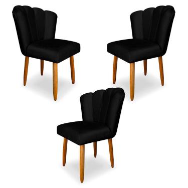 Imagem de Kit 3 Cadeiras de Jantar Pétala Estofada Pés Palito Veludo Preto - Montanaris Decor