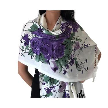 Imagem de Echarpe Estilo Pashmina Rosas de Inverno Roxo-Feminino