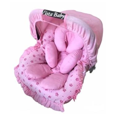 Imagem de Kit Capa/Forro Para Bebê Conforto Acolchoada Universal 100% Algodão + Capota Protetora Solar + Apoio Redutor de Corpo + Protetores de Cinto - Coroas Rosa