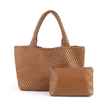 Imagem de LMKIDS Bolsa de tecido para mulheres, bolsa de couro vegano grande bolsa de viagem de praia de verão e bolsa de ombro retrô feita à mão, Brown