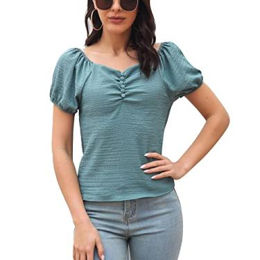 Imagem de Camiseta de verão, blusa feminina de manga bufante, decote em V, estampa lisa doce para casa, Azul, G