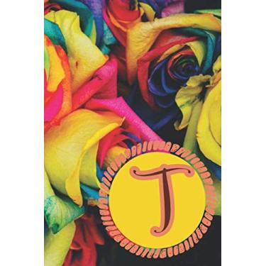 Imagem de Caderno de diário de monograma inicial T para mulheres: padrão de rosa arco-íris personalizado na capa fosca, interior de página branca forrada com preto, 120 páginas, 15 x 22 centímetros