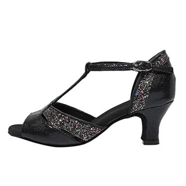Imagem de CsgrFagr Moda feminina strass salto alto fivela sapatos de dança latina sandálias sapatos de dança feminino sandálias de cortiça com laço, Preto, 7
