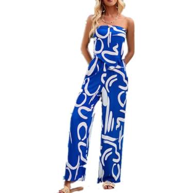 Imagem de YGJKLIS Regata feminina de verão sexy sem mangas ombro de fora de renda + conjunto de calças estampadas soltas regata de ioga, Azul, GG