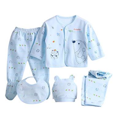 Imagem de Mercatoo Conjuntos de roupas de bebê blusa de manga + chapéu + calça menino desenho animado roupa de bebê menina 5 peças conjunto longo + babador meninas, Azul, Tamanho Único
