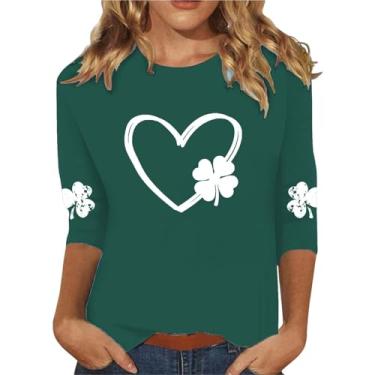 Imagem de Camiseta feminina de Dia de São Patrício com estampa de coração St. Pattys Raglan camiseta manga 3/4 casual tops, Caqui, GG