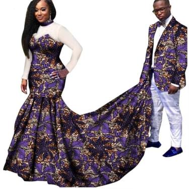 Imagem de Roupas de casal africano manga fio maxi vestido para mulheres Riche masculino blazer tradicional festa casamento roupas, T2, 3X-Large