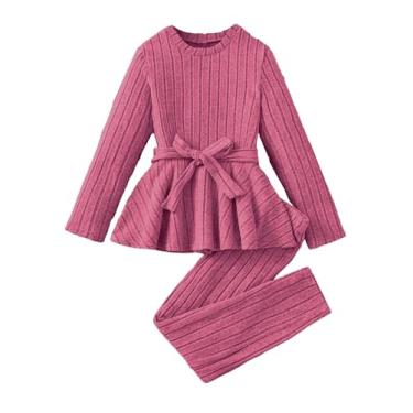 Imagem de SOLY HUX Conjunto de 2 peças para meninas, manga comprida, bainha peplum com cinto, conjunto de camiseta e calça, Rosa choque puro, 8 Anos