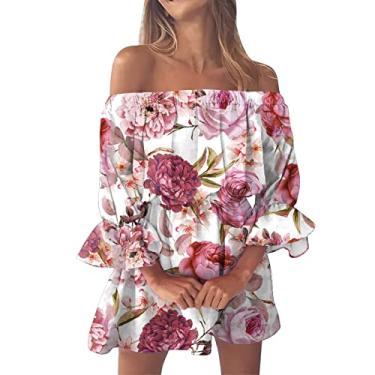 Imagem de Vestidos de verão para mulheres vintage estampa floral praia sexy ombro de fora túnica vestido de verão casual para mulheres, Vermelho, GG