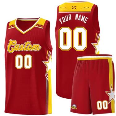 Imagem de Camiseta de basquete personalizada com logotipo de número de nome, regata e shorts estampados personalizados para homens mulheres jovens, 91. Vermelho/Amarelo, One Size