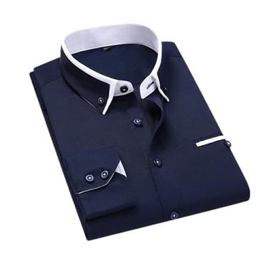 Imagem de Camisa casual estilosa com gola dupla listrada masculina de manga comprida sem passar a ferro, Azul marinho, P