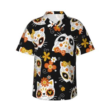 Imagem de Xiso Ver Camiseta masculina havaiana de Natal Gold Deers1, manga curta, casual, praia, verão, festa na praia, Crânios e flores de gato, P