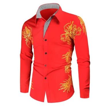 Imagem de Camisa masculina de manga comprida estampada em bronze casual slim fit Royal Paisley camiseta estampada dragão para homens, Vermelho, P