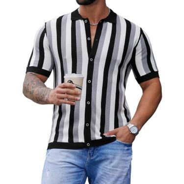 Imagem de Atforna Camisa polo masculina de malha vintage listrada manga curta abotoada leve golfe 2024 primavera verão, Preto, cinza, GG