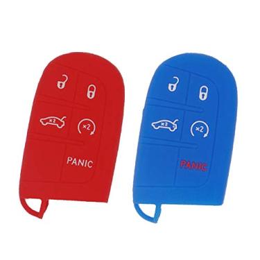 Imagem de WEIBISS Pacote com 2 5 botões de silicone para chaveiro, controle remoto, capa protetora para Jeep Grand Cherokee Dodge Challenger Charger Dart Durango Journey Chrysler 300, vermelho e azul