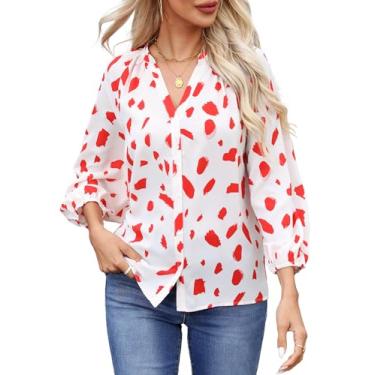 Imagem de Meetrendi Blusa feminina casual elegante manga 3/4 estampa floral camisas de botão 2024 chiffon gola V camisa de trabalho, Branco e vermelho, G