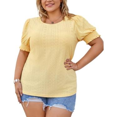 Imagem de Hanna Nikole Camisetas femininas plus size, gola redonda, manga curta, caimento justo, casual, verão, Amarelo creme, 18 Plus