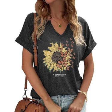 Imagem de Earlymemb Camiseta feminina vintage com estampa de flores e gola V Boho floral flores silvestres casual Cottagecore camiseta manga curta, G - Cinza, P