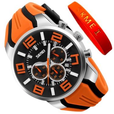 Imagem de Relógios masculinos pulseira de silicone jovem à prova d'água esportes moda casual grande rosto cronógrafo luxo luminoso analógico quartzo preto relógio de pulso presentes SKMEI, G9128 laranja, moda