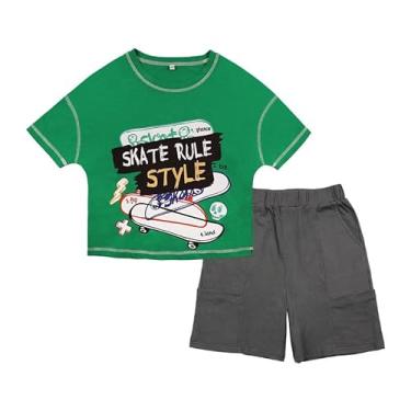 Imagem de Little Bitty FashionableSummer Camisetas estilo skate urbano conjunto de camisa de manga curta infantil 8-15 anos, Skate verde cinza, 11-12Y