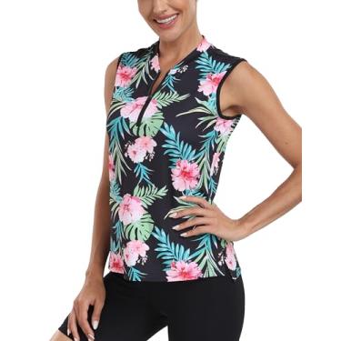 Imagem de MoFiz Camisa polo feminina de golfe leve sem mangas com zíper e secagem rápida, Floral preto novo 2024, P