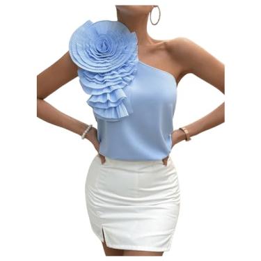 Imagem de BEAUDRM Blusa regata feminina floral 3D ombro de fora, sem mangas, babados, camisetas de verão, Azul, P