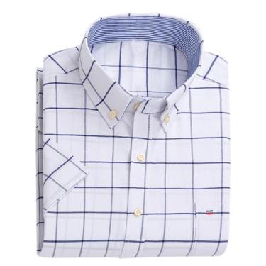 Imagem de Cromoncent Camisa Oxford masculina de algodão de manga curta, Xadrez branco, GG