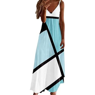 Imagem de Lainuyoah Vestidos de verão elegantes para mulheres 2024 decote em V alças finas vestido maxi rodado boho tie dye verão franzido vestidos sling, Azul E, P