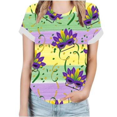 Imagem de Camiseta feminina 2024 Plus Size Mardi Gras com estampa divertida casual moderna blusas elegantes de manga curta camisetas fofas, A02#multicolorido, 3G