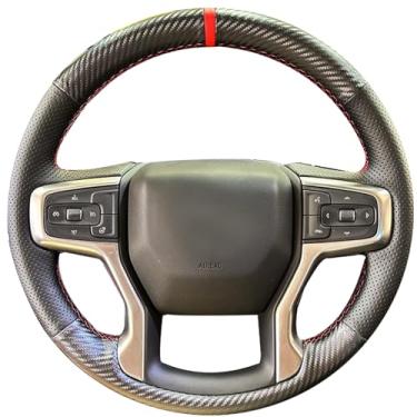 Imagem de Loncky Capa de volante de fibra de carbono de couro para Chevrolet Blazer Silverado (1500) 2019-2023 / Silverado (2500/3500) 2020-2023/Suburban Tahoe 2021-2023 Acessórios interiores costurados