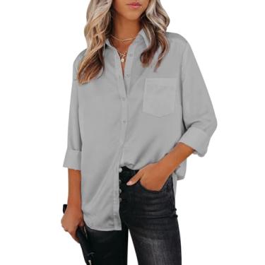Imagem de Aoudery Camisas femininas de botão, manga comprida, gola sem rugas, gola V, trabalho, escritório, túnica, tops de chiffon, Cinza, XP