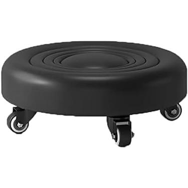 Imagem de Banqueta pequena com rodas giratórias, assentos de couro PU, cadeira para troca de sapatos, banquinho de assento de rolo baixo para home office fitness ao ar livre, preto