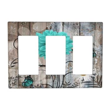 Imagem de Country Turquesa Azul Margarida Rústica Madeira Rústica 3 Gang Balancim Capas de Interruptor de Luz Tomada Tripla Placa Decorativa Placa de Comutação Placa Frontal GFCI para Casa de Fazenda Cabana