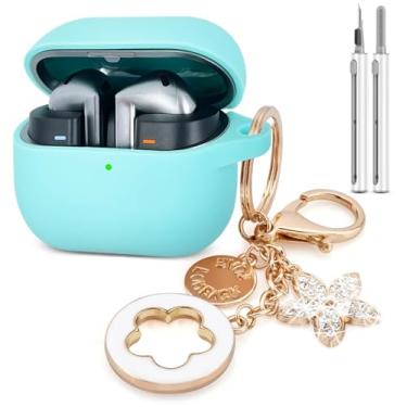 Imagem de Koujaon Capa compatível com Samsung Galaxy Buds 3/Galaxy Buds 3 Pro, capa de silicone para Galaxy Buds 3 Pro, Galaxy Buds 3, capa protetora com chaveiro brilhante para mulheres/meninas (verde menta)